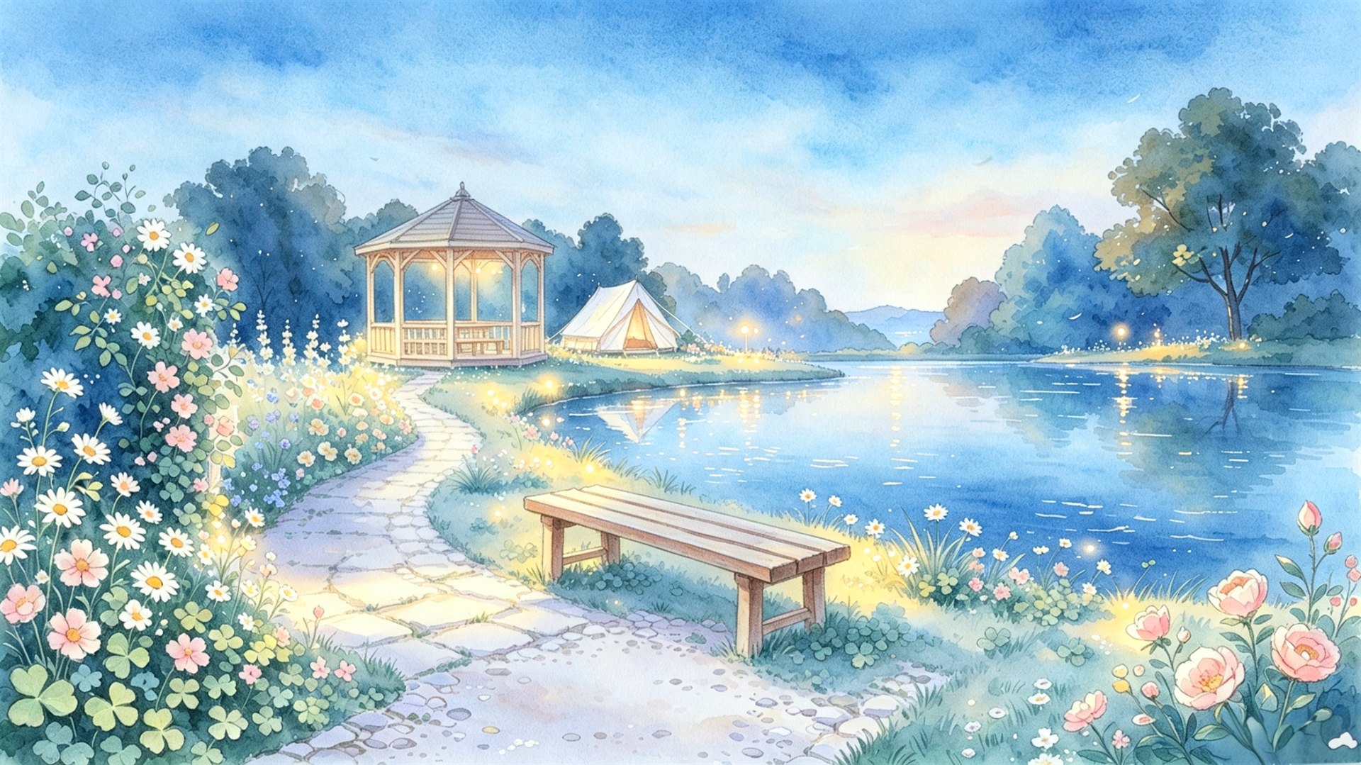 亮起小灯的夜晚花园